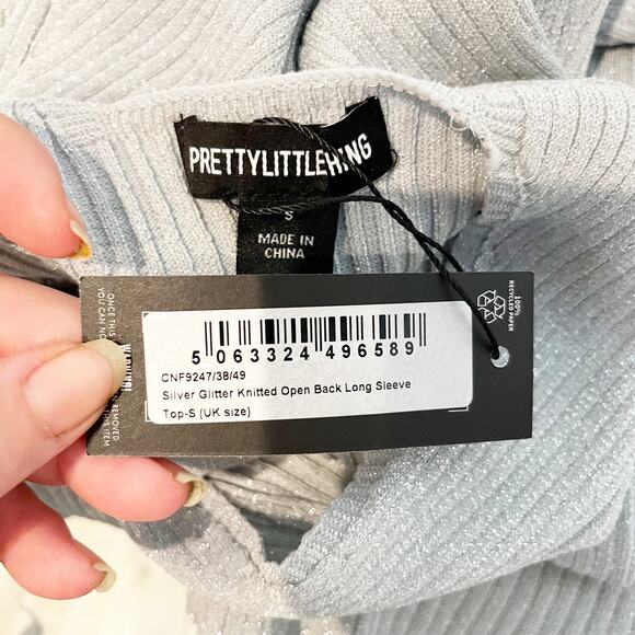 PrettyLittleThing Silver Glitter Knit Open Back Top and Mini Skirt Set S / M - Picture 4 of 12